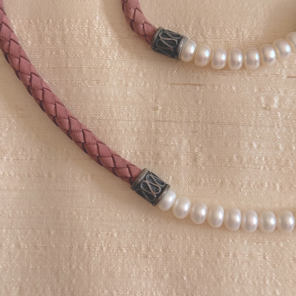 Honora Pink Braided Leather, Silver and Pearl Necklace and Bracelet Set
